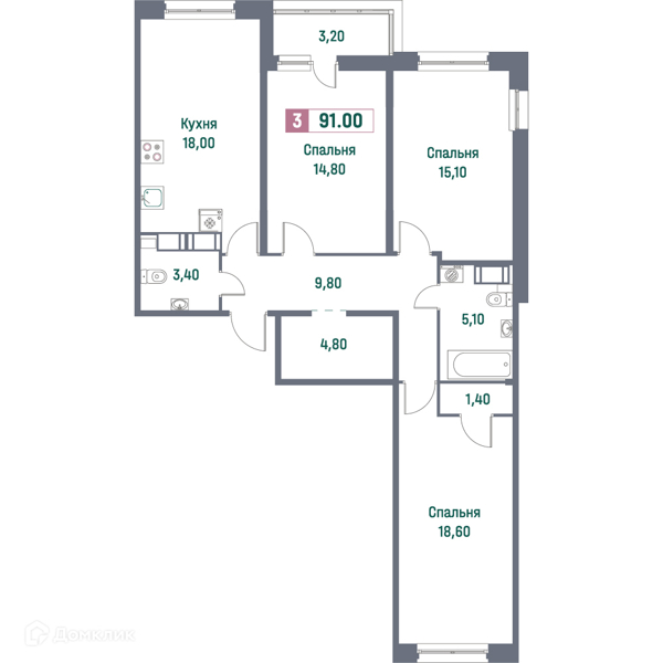 Планировка квартиры: 3 комнаты · 91 м²