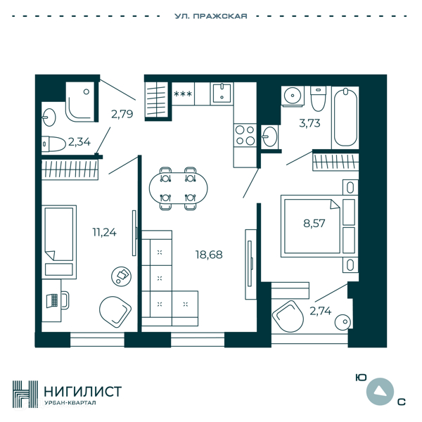 Планировка: 2 комнаты · 48,72 м²