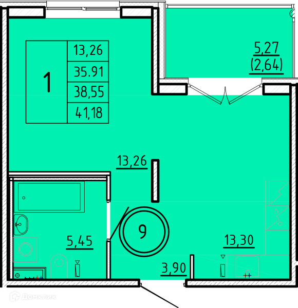 Планировка: 1 комната · 35,91 м²