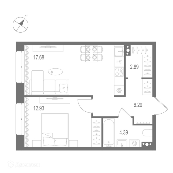 Планировка: 1 комната · 44,18 м²