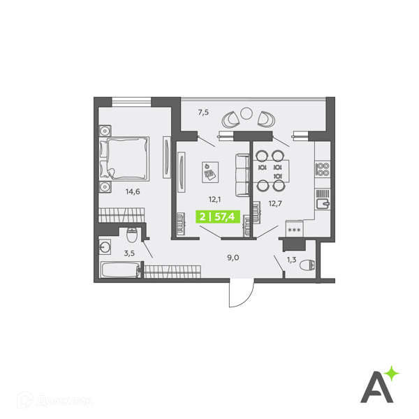 Планировка: 2 комнаты · 57,4 м²