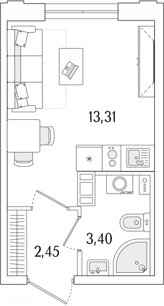 Планировка: Студия · 19,16 м²