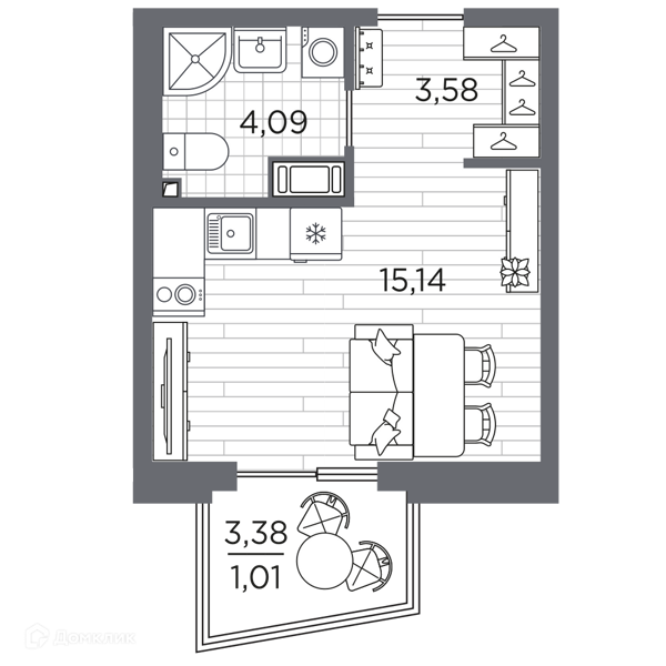 Планировка квартиры: Студия · 23,82 м²