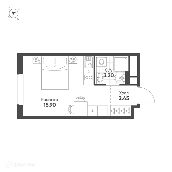 Планировка: Студия · 21,4 м²