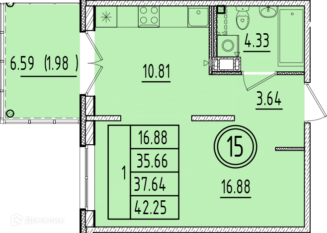 Планировка: 1 комната · 35,66 м²