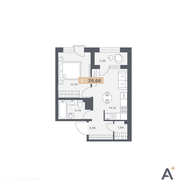 Планировка: 1 комната · 39,66 м²