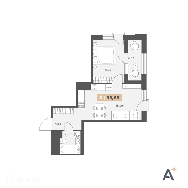 Планировка: 1 комната · 39,68 м²