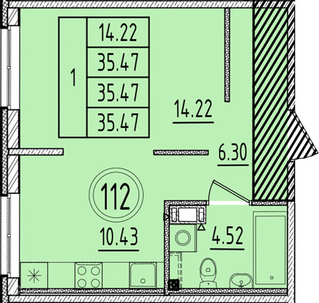 Планировка: 1 комната · 35,47 м²