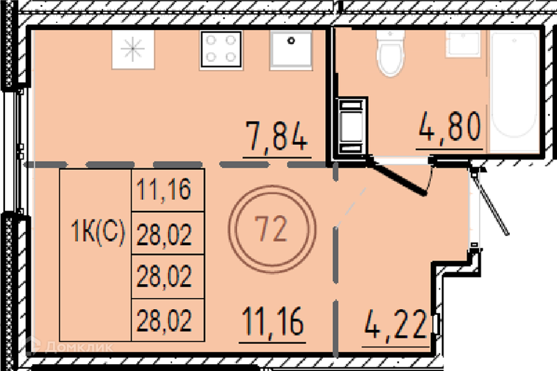 Планировка: Студия · 28,02 м²