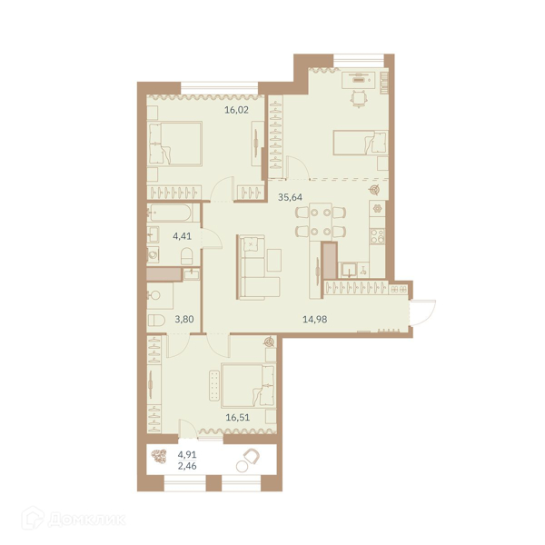 Планировка квартиры: 2 комнаты · 94,6 м²