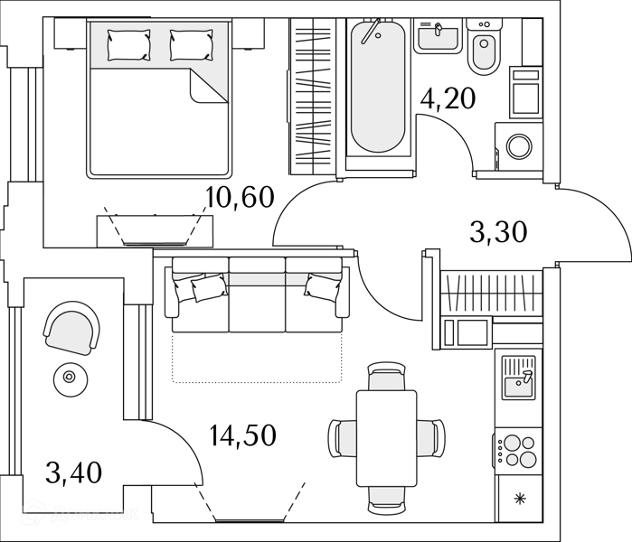 Планировка: 1 комната · 34,2 м²