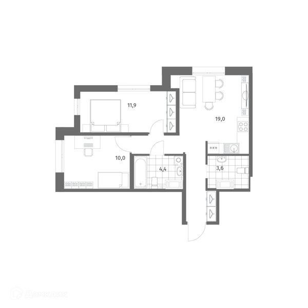 Планировка: 2 комнаты · 53,9 м²