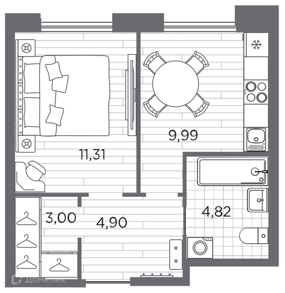 Планировка: 1 комната · 34,02 м²