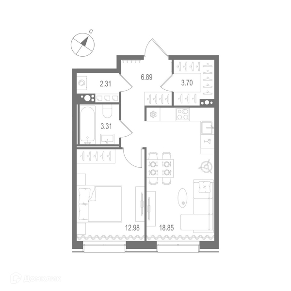 Планировка: 1 комната · 48,04 м²
