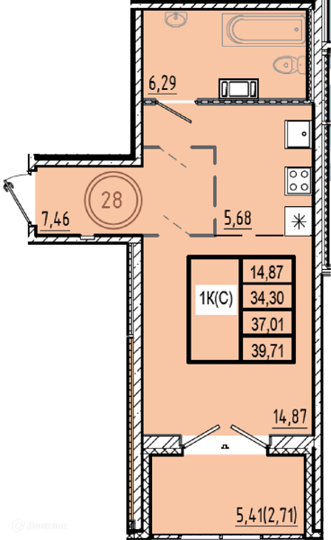 Планировка: Студия · 34,3 м²