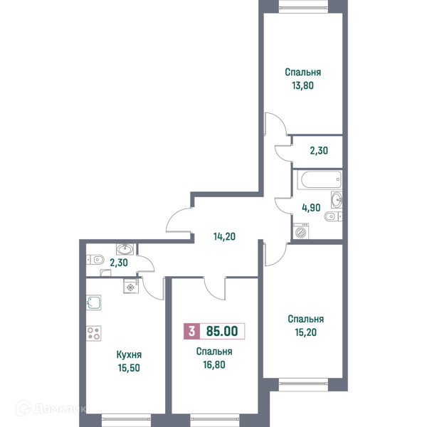 Планировка квартиры: 3 комнаты · 85 м²