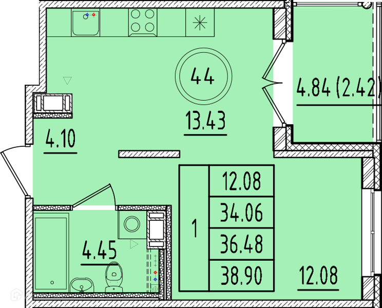 Планировка: 1 комната · 34,06 м²