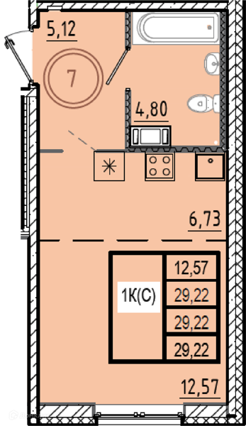 Планировка: Студия · 29,22 м²