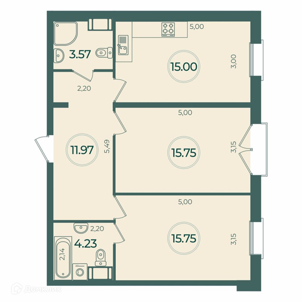 Планировка: 2 комнаты · 66,27 м²