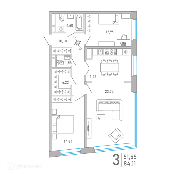 Планировка: 3 комнаты · 83,96 м²