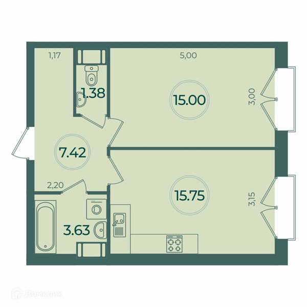 Планировка: 1 комната · 43,18 м²