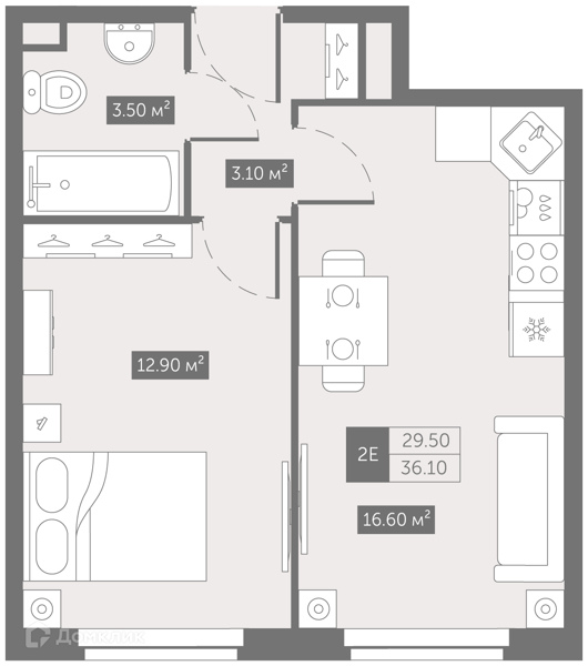 Планировка: 1 комната · 36,1 м²