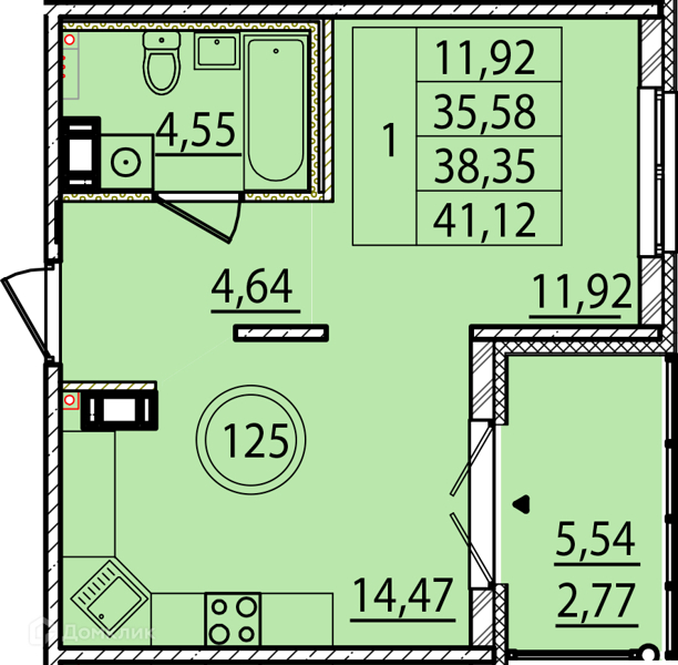 Планировка: 1 комната · 35,58 м²