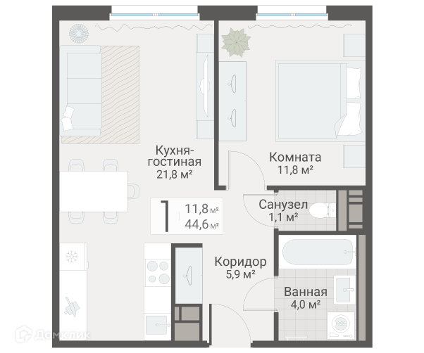 Планировка квартиры: 1 комната · 44,6 м²