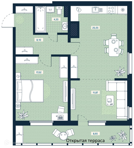 Планировка: 2 комнаты · 61,87 м²