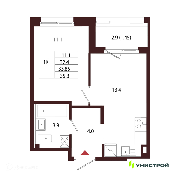 Планировка: 1 комната · 33,85 м²