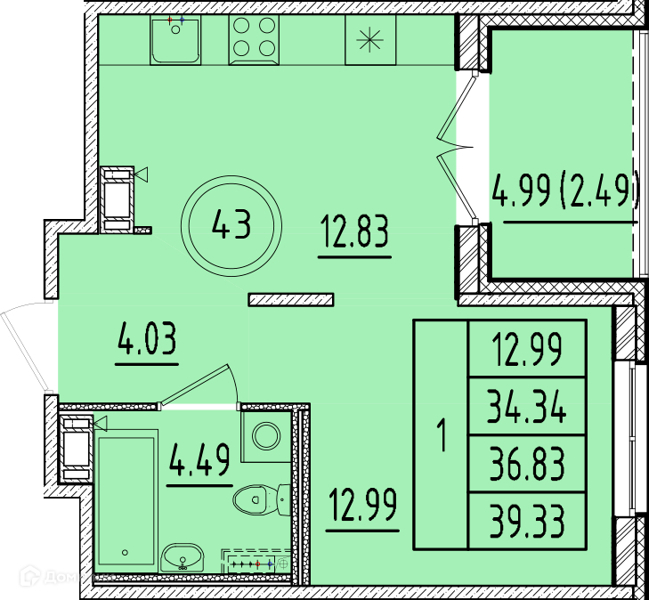 Планировка: 1 комната · 34,34 м²