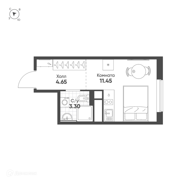 Планировка: Студия · 19,2 м²