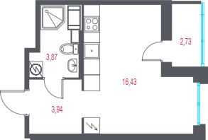 Планировка квартиры: Студия · 25,61 м²