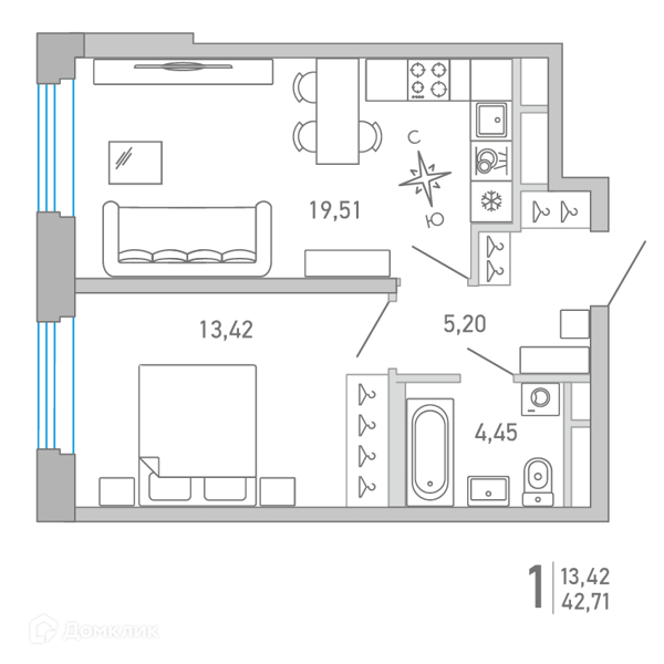 Планировка: 1 комната · 42,9 м²