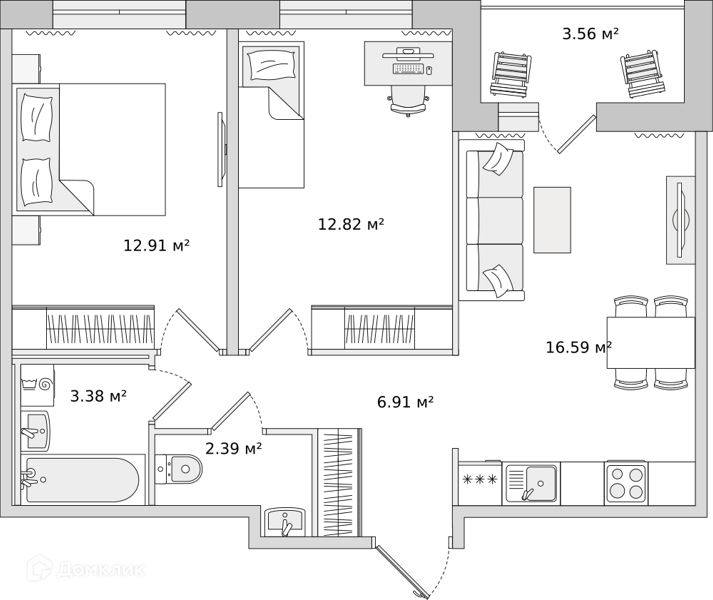 Планировка: 2 комнаты · 58,56 м²