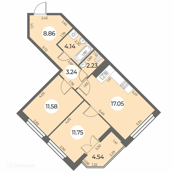 Планировка: 2 комнаты · 61,12 м²
