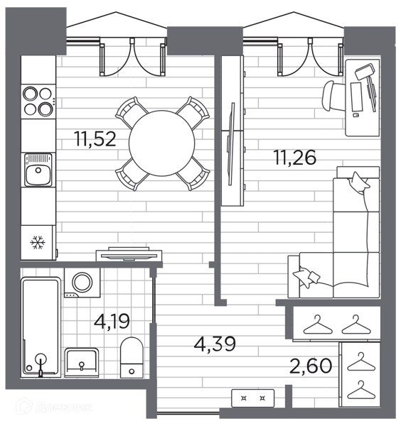 Планировка квартиры: 1 комната · 33,96 м²