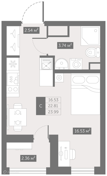 Планировка: Студия · 23,99 м²
