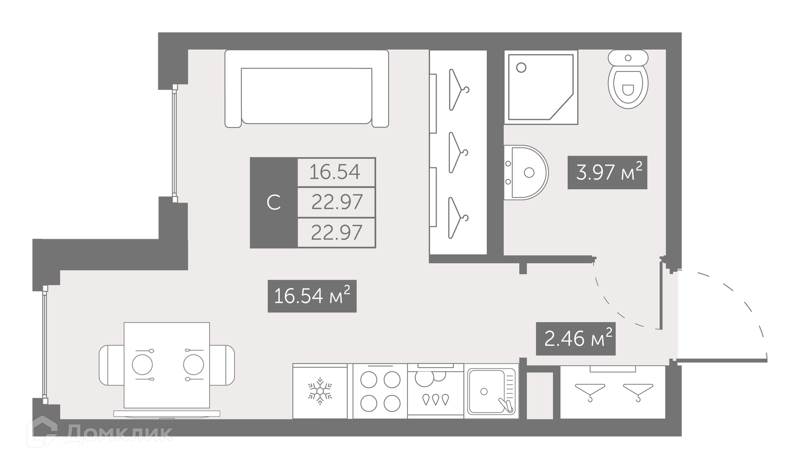 Планировка: Студия · 22,97 м²