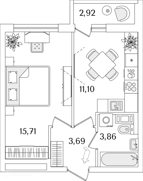 Планировка: 1 комната · 35,7 м²