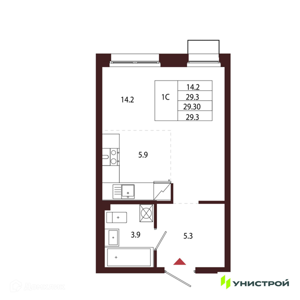 Планировка: Студия · 29,3 м²