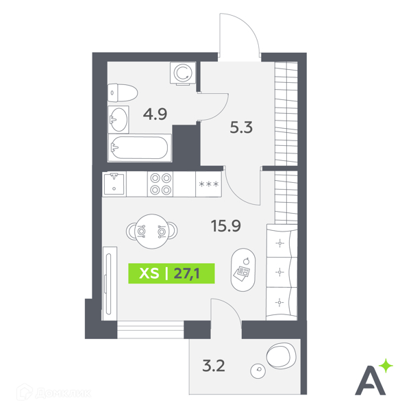 Планировка: Студия · 27,1 м²