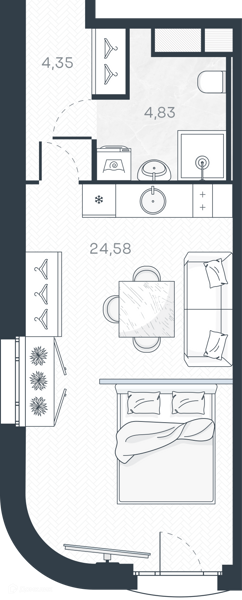 Планировка: Студия · 34,32 м²