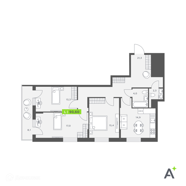 Планировка: 3 комнаты · 90,6 м²
