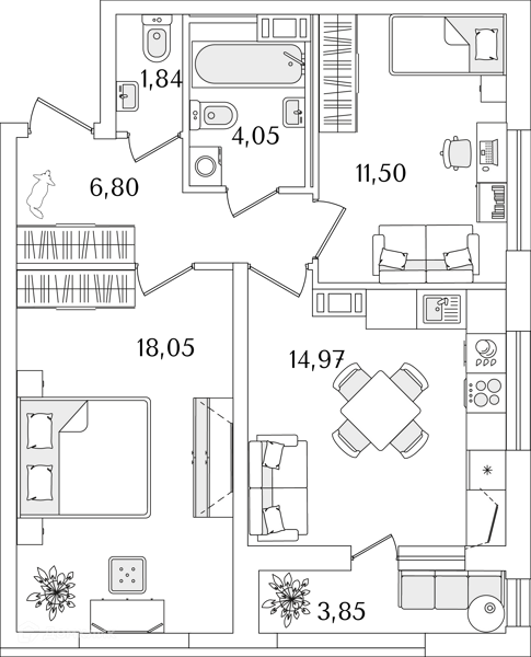 Планировка: 2 комнаты · 59,3 м²