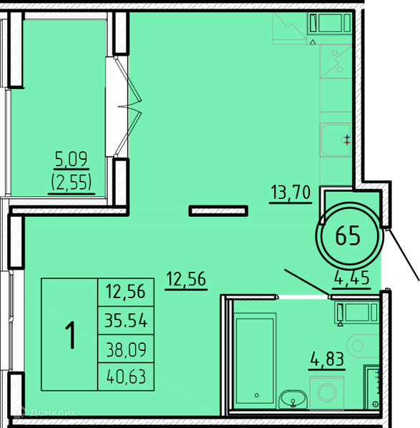 Планировка: 1 комната · 35,54 м²