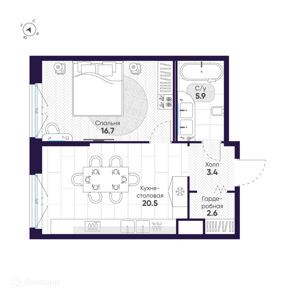 Планировка: 1 комната · 49,1 м²