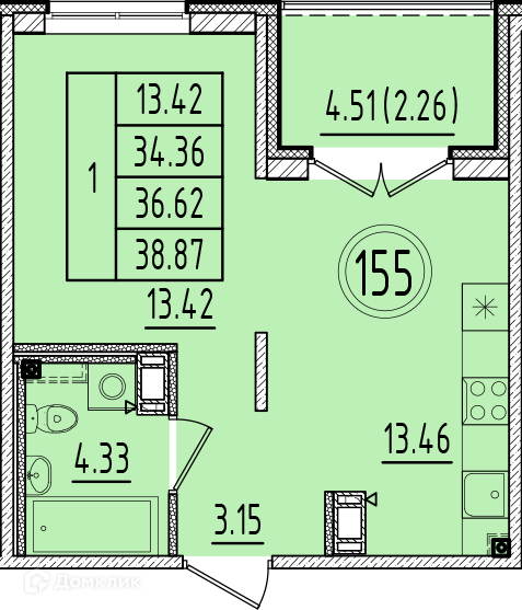 Планировка: 1 комната · 34,36 м²