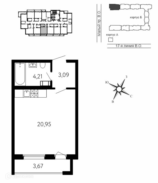 Планировка квартиры: 1 комната · 29,35 м²