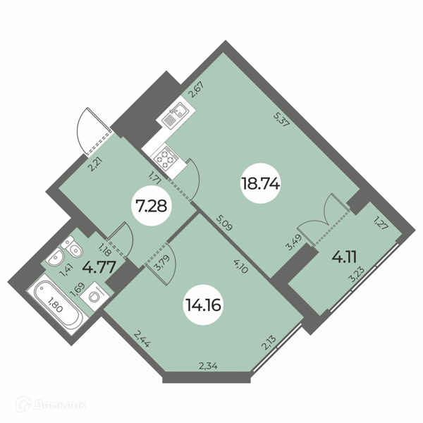 Планировка: 1 комната · 47,01 м²